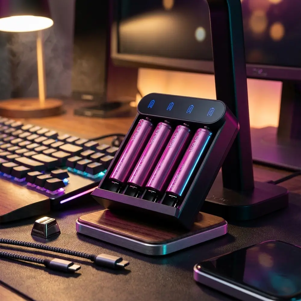 Carregador Slim K4 Efest apoiado em mesa gamer com teclado RGB desfocado e luzes coloridas ao fundo - Vapor Gringo