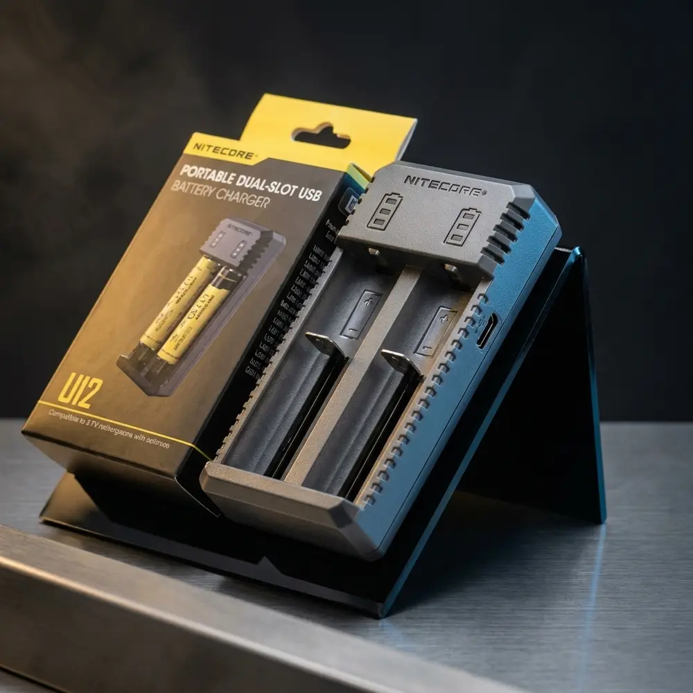 Carregador Nitecore UI2 apoiado em bloco acrilico preto com reflexos metalicos e luzes ambiente industriais - Vapor Gringo