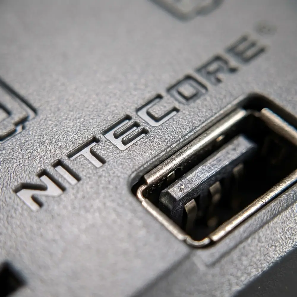 Detalhe macro do logotipo e porta USB do Nitecore UI2 mostrando texturas metalicas e reflexos realistas - Vapor Gringo