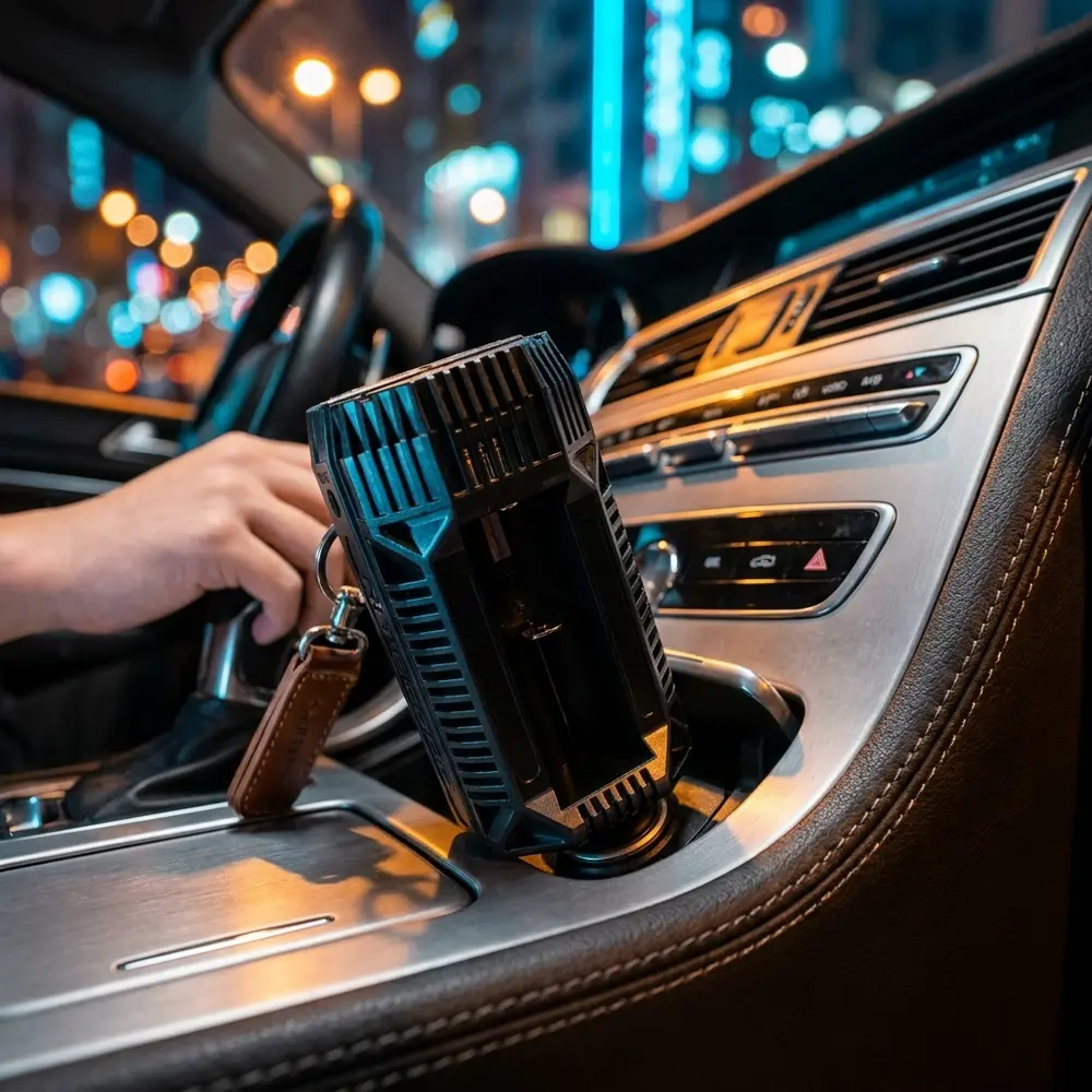 Carregador Veicular Nitecore V2 plugado no console de carro premium, luzes urbanas e reflexos no couro ao fundo - Vapor Gringo