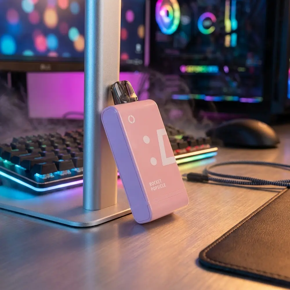 Cartucho Pod Elf Bar EW16000 Rocket Popsicle apoiado em setup gamer RGB ao lado de teclado mecanico - Vapor Gringo