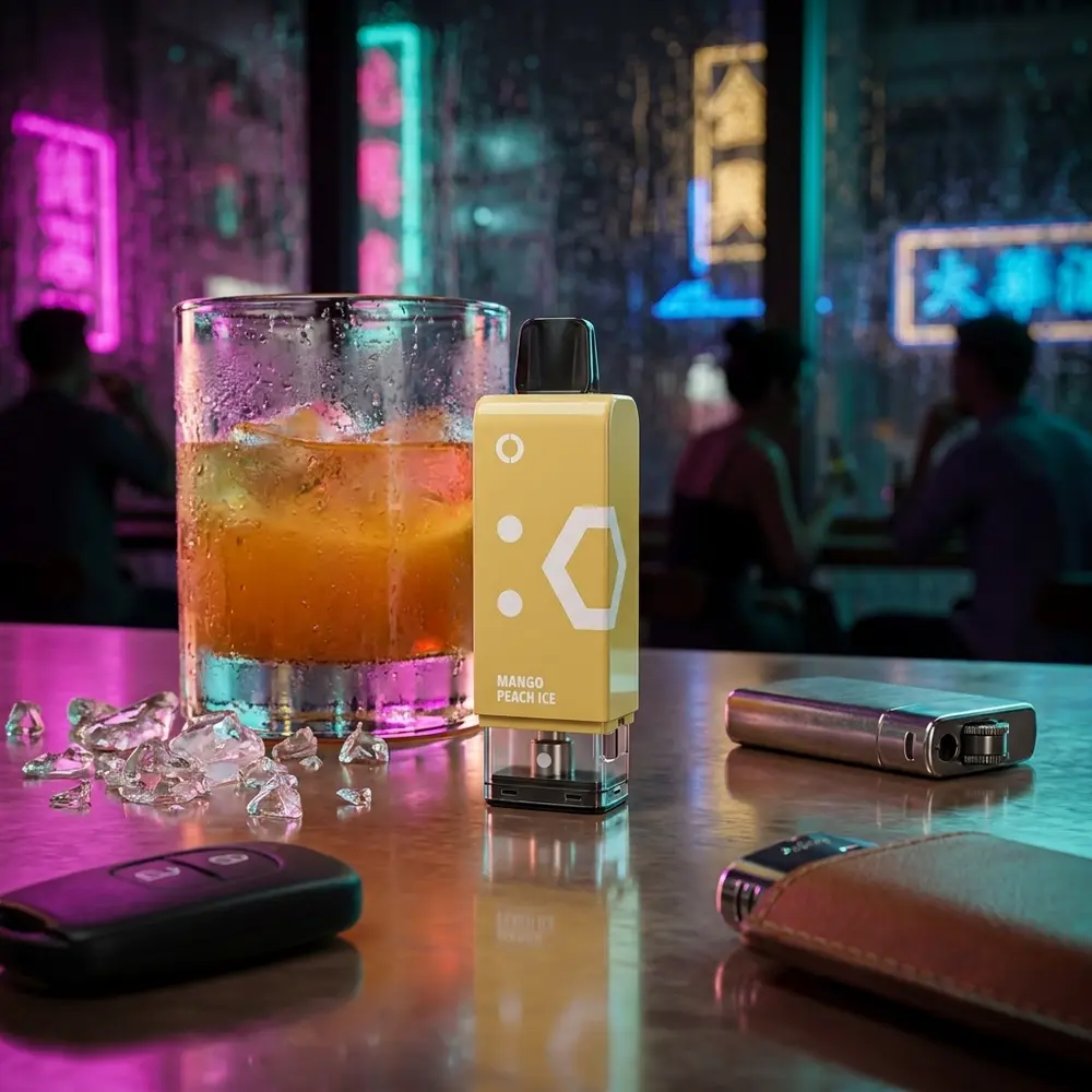Cartucho Elf Bar EW9000 Mango Peach Ice em balcão neon urbano ao lado de copo de coquetel e reflexos - Vapor Gringo