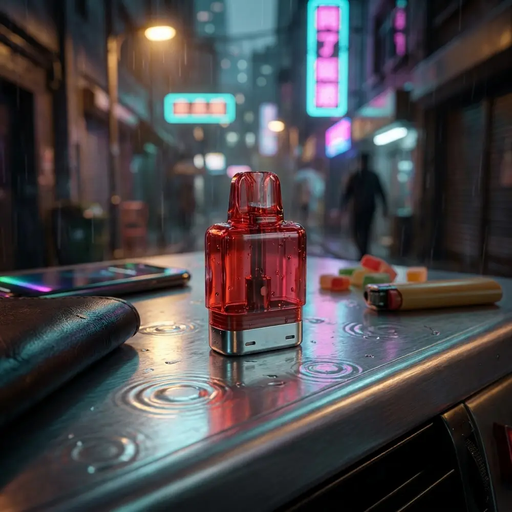 Cartucho Elf Bar EW9000 Sour Lush Gummy apoiado no console de carro premium com luzes neon e reflexos urbanos - Vapor Gringo