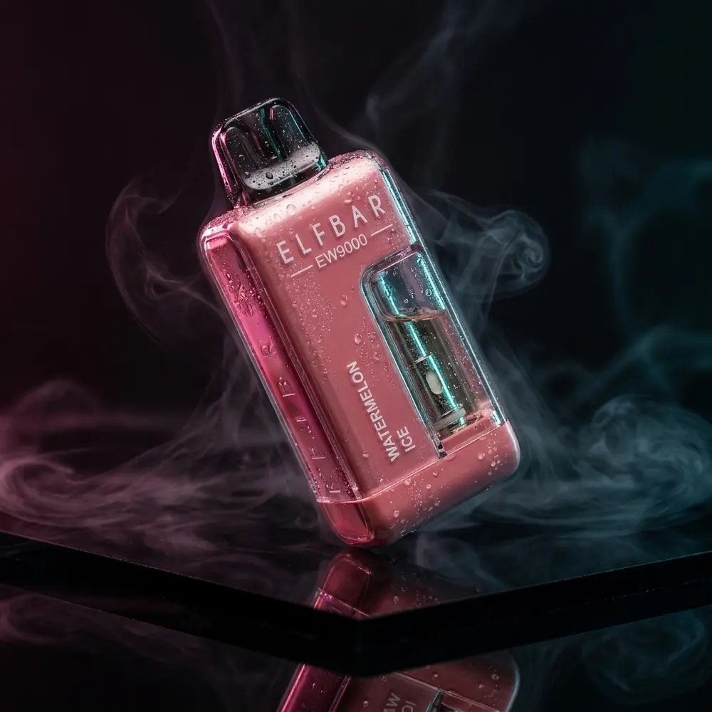 Cartucho Elf Bar EW9000 Watermelon Ice suspenso sobre base acrilica preta com luzes neon azul e rosa - Vapor Gringo