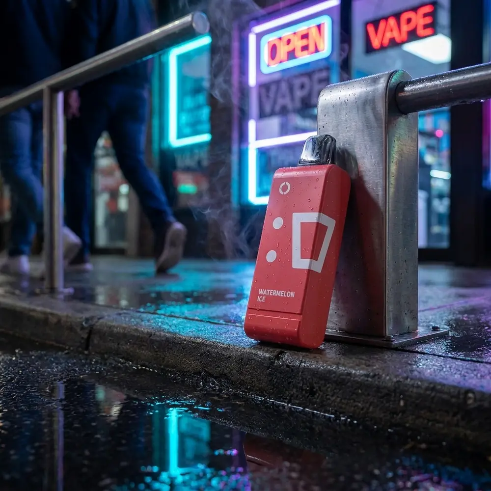 Cartucho Elf Bar EW9000 Watermelon Ice apoiado na guia molhada da rua com reflexos neon e fundo urbano desfocado - Vapor Gringo