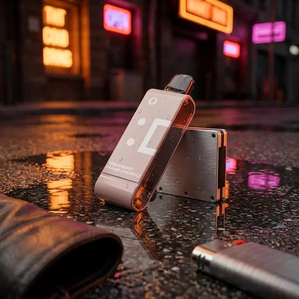 Cartucho Pod Elf Bar EW9000 apoiado em piso urbano molhado com reflexos neon laranja e vermelho ao fundo - Vapor Gringo