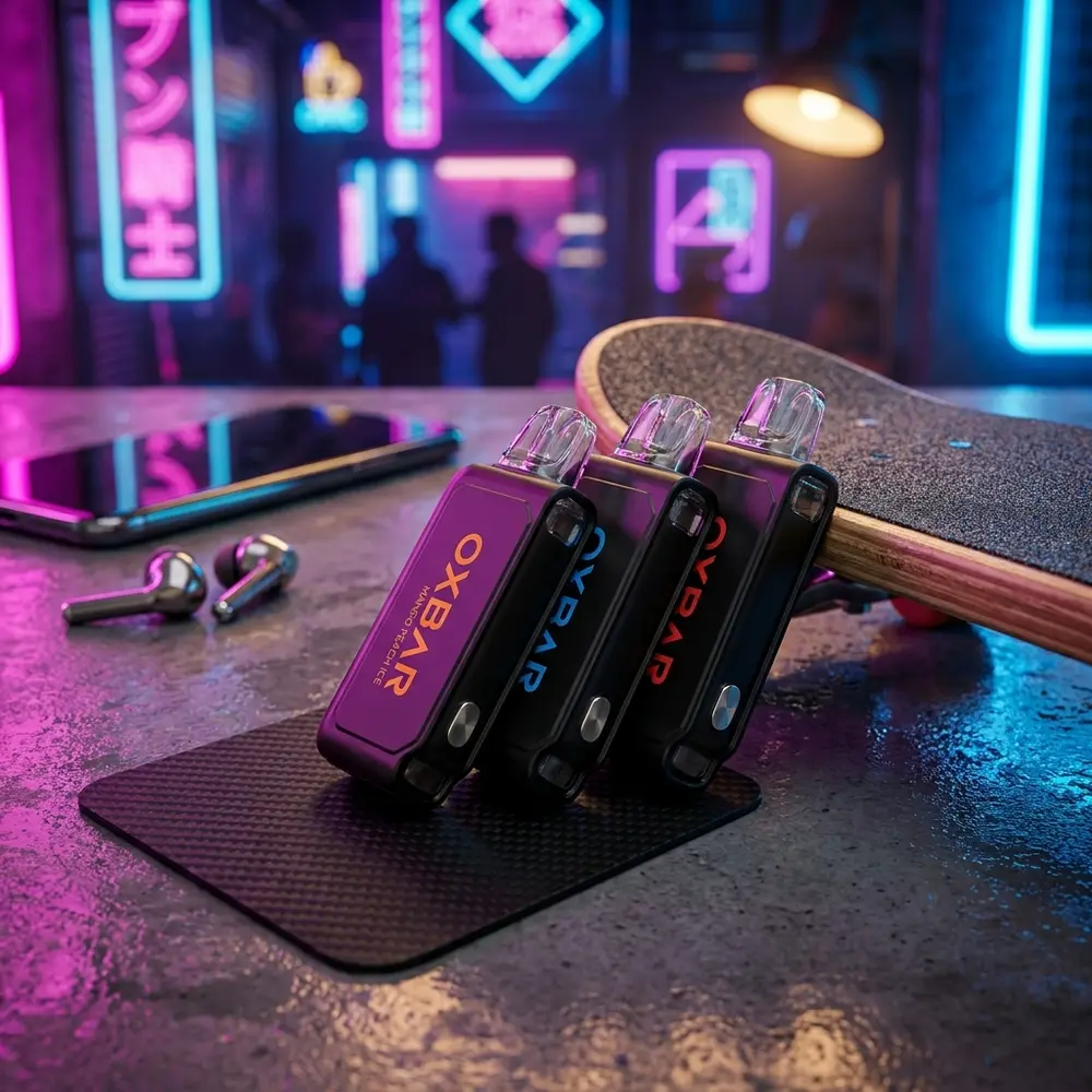 Cartucho refil Oxbar G32K apoiado num interior cyberpunk com neon roxo e azul e objetos de estilo urbano - Vapor Gringo