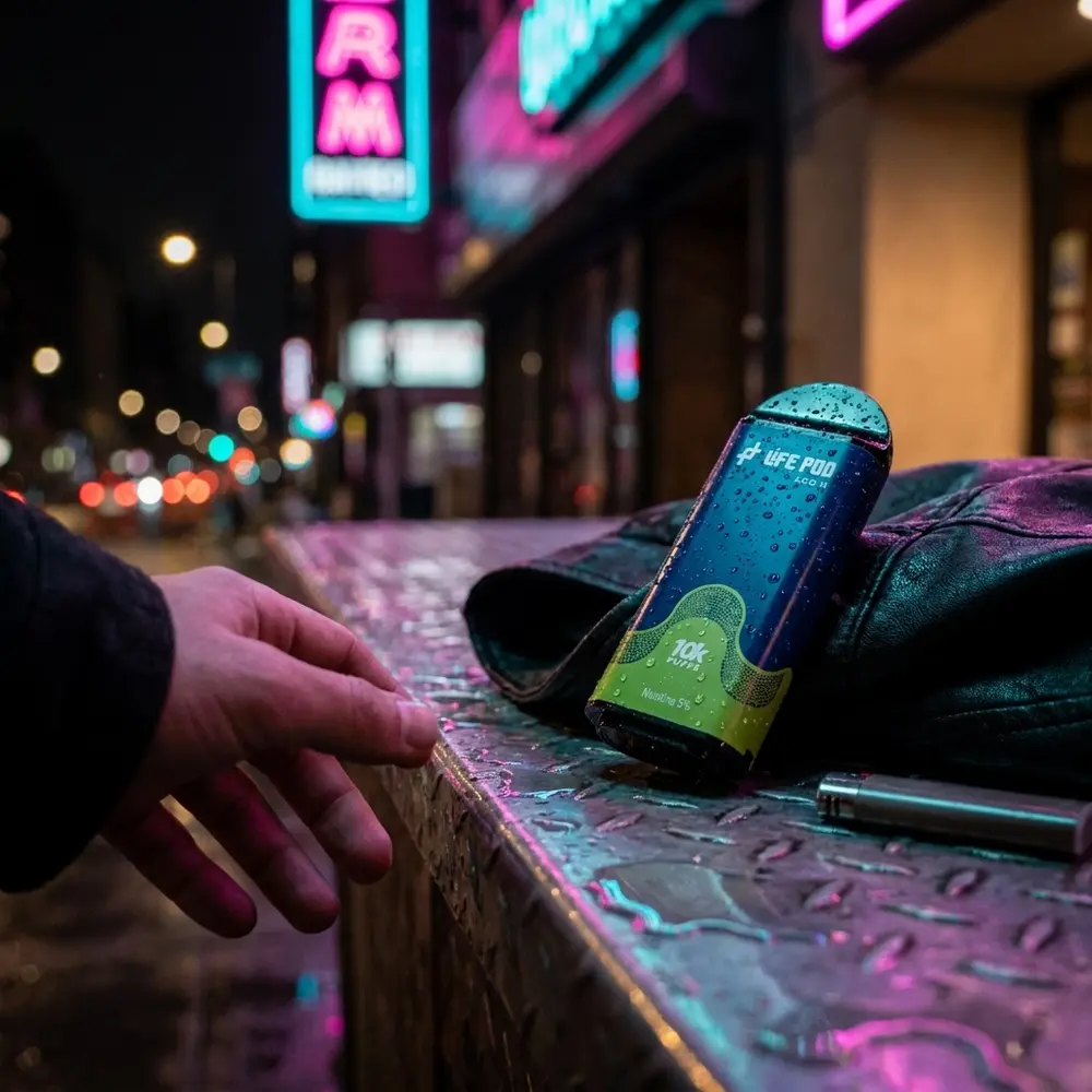Cartucho refil Pod Eco II Life Pod sobre bancada molhada em cena neon urbano com jaqueta e isqueiro ao lado - Vapor Gringo