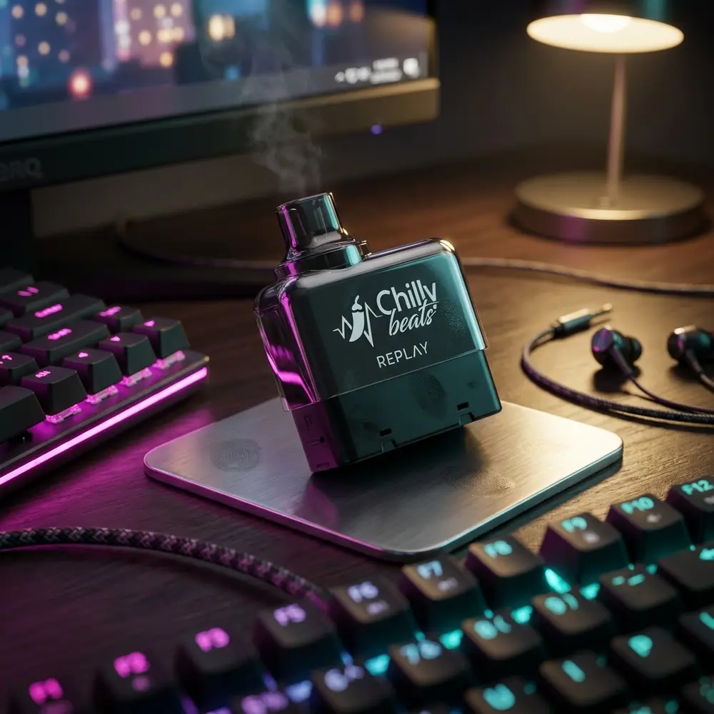 Cartucho Refil Pod Replay Chilly Beats apoiado ao lado de teclado RGB em ambiente noturno de escritorio urbano - Vapor Gringo