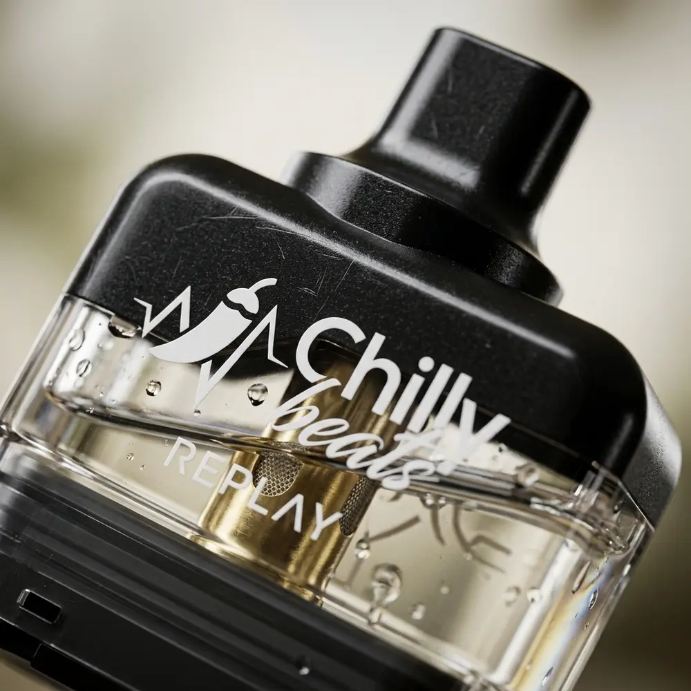 Detalhe macro do cartucho Refil Pod Replay Chilly Beats mostrando transparencia, metal e gotas de condensacao no bocal - Vapor Gringo