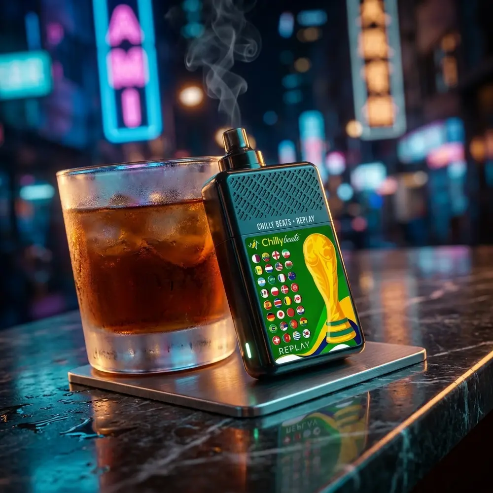 Pod Chilly Beats Replay apoiado em balcão urbano com luzes neon ao fundo e copo de coquetel ao lado - Vapor Gringo