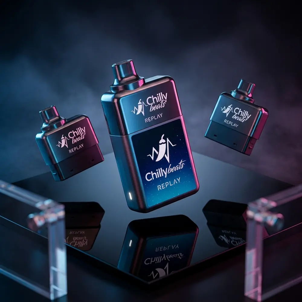 Pod descartável Chilly Beats Replay sobre base acrílica preta, luzes frias azul e magenta com reflexos - Vapor Gringo