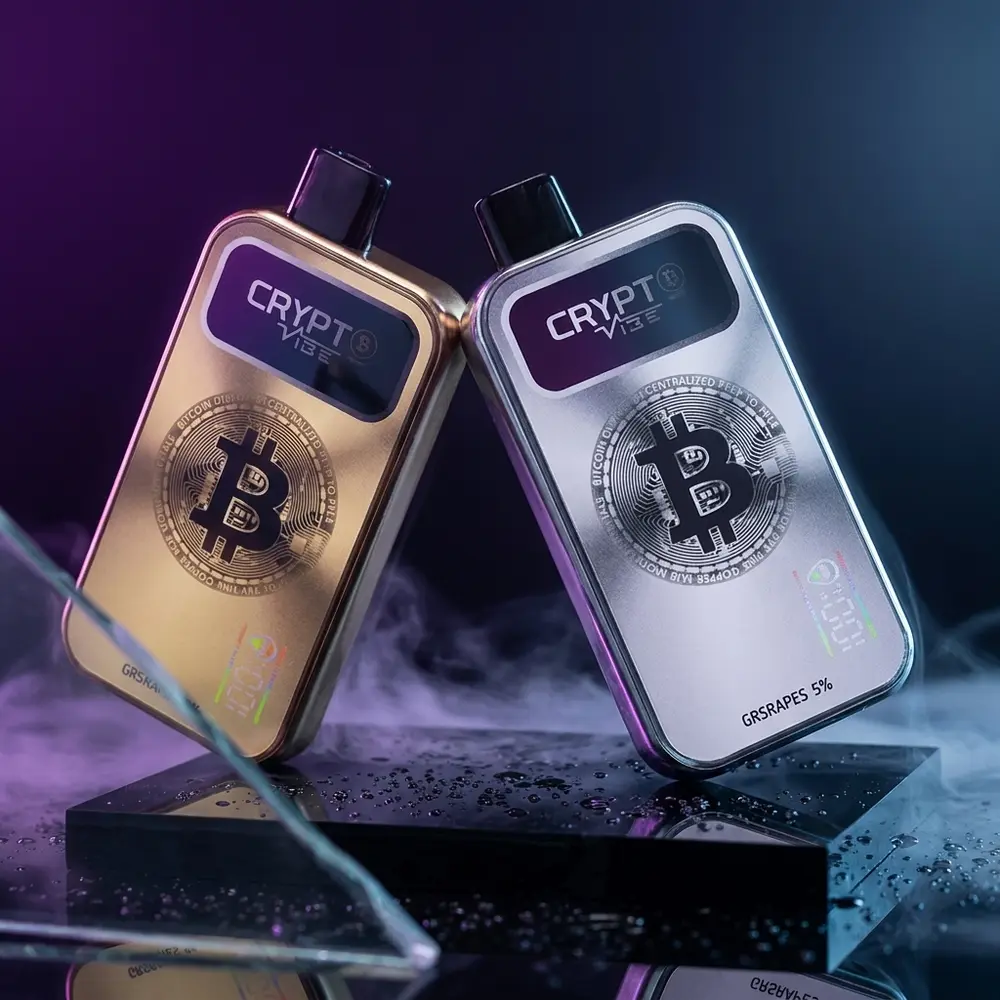 Pod Descartavel Crypt B Vibe Grape Ice sobre base acrilica preta com iluminacao roxa e nevoa gelada - Vapor Gringo