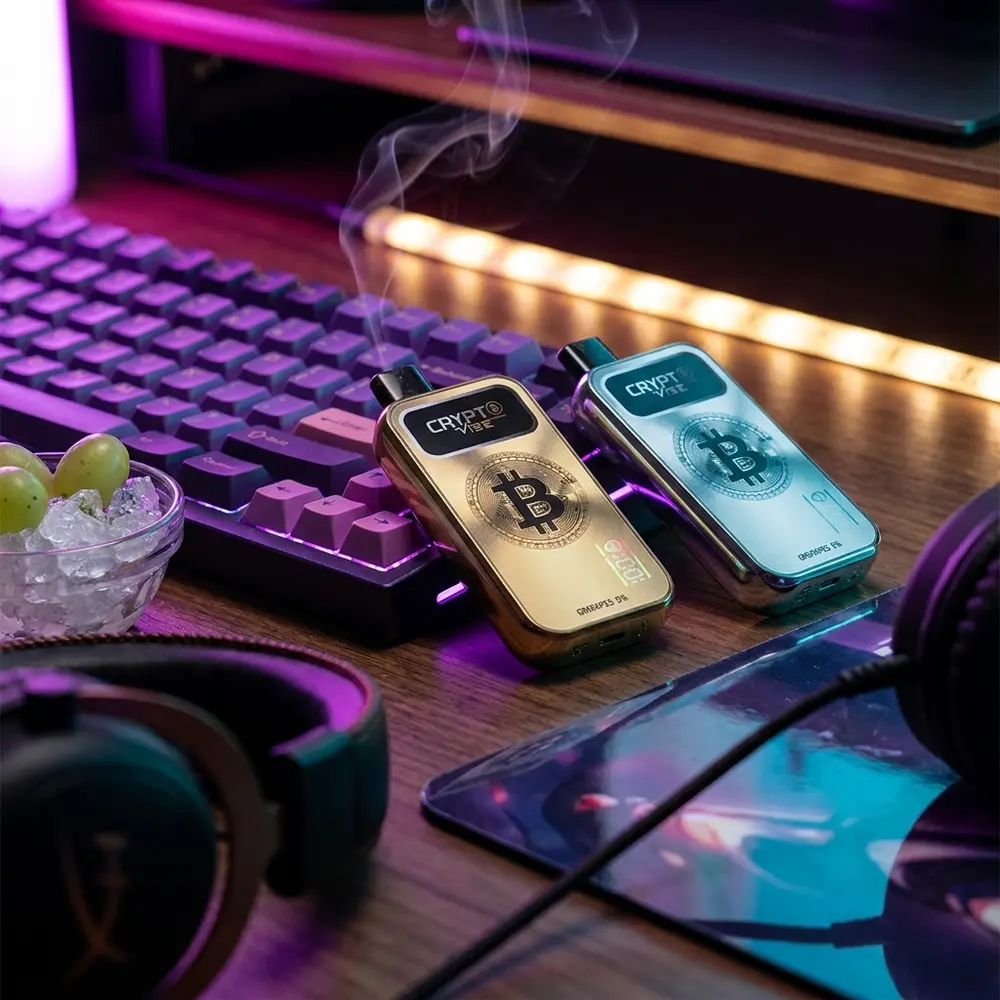 Crypt B Vibe Grape Ice apoiado em teclado RGB com iluminacao roxa e tigela de uvas, cena de gaming noturna - Vapor Gringo