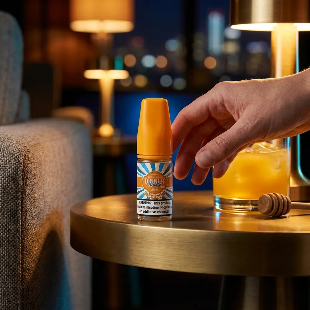Frasco Dinner Lady Sun Tan Mango 30ml em lounge noturno sobre mesa de metal escovado junto a coquetel de manga - Vapor Gringo