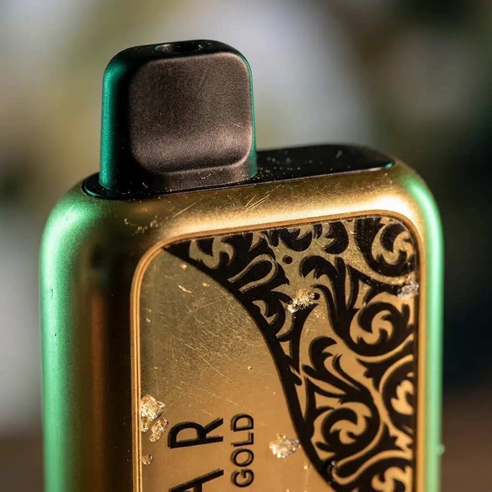 Macro do bocal e logo do Elf Bar BC10000 Black Gold com detalhes metálicos, condensação e reflexos verdes - Vapor Gringo