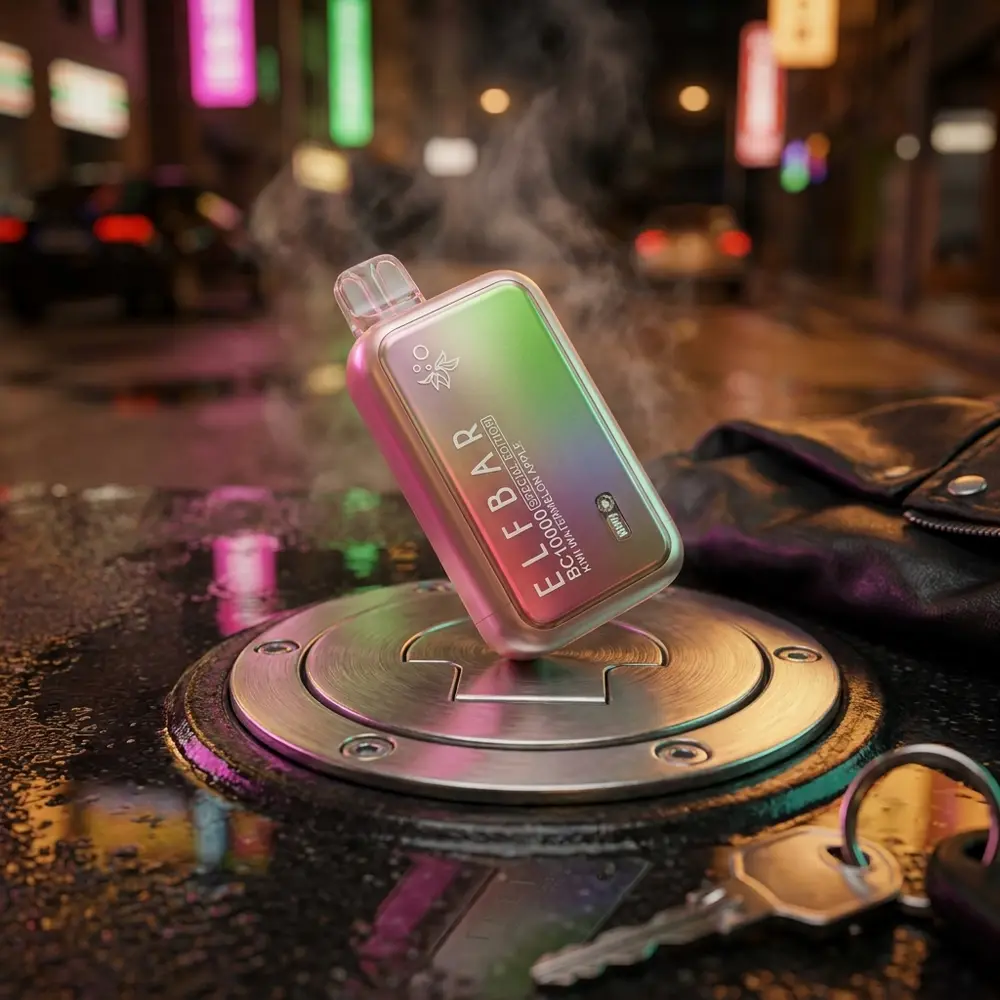 Elf Bar BC10000 Kiwi Watermelon Apple sobre parapeito metálico molhado, fundo de ruas noturnas com neon - Vapor Gringo