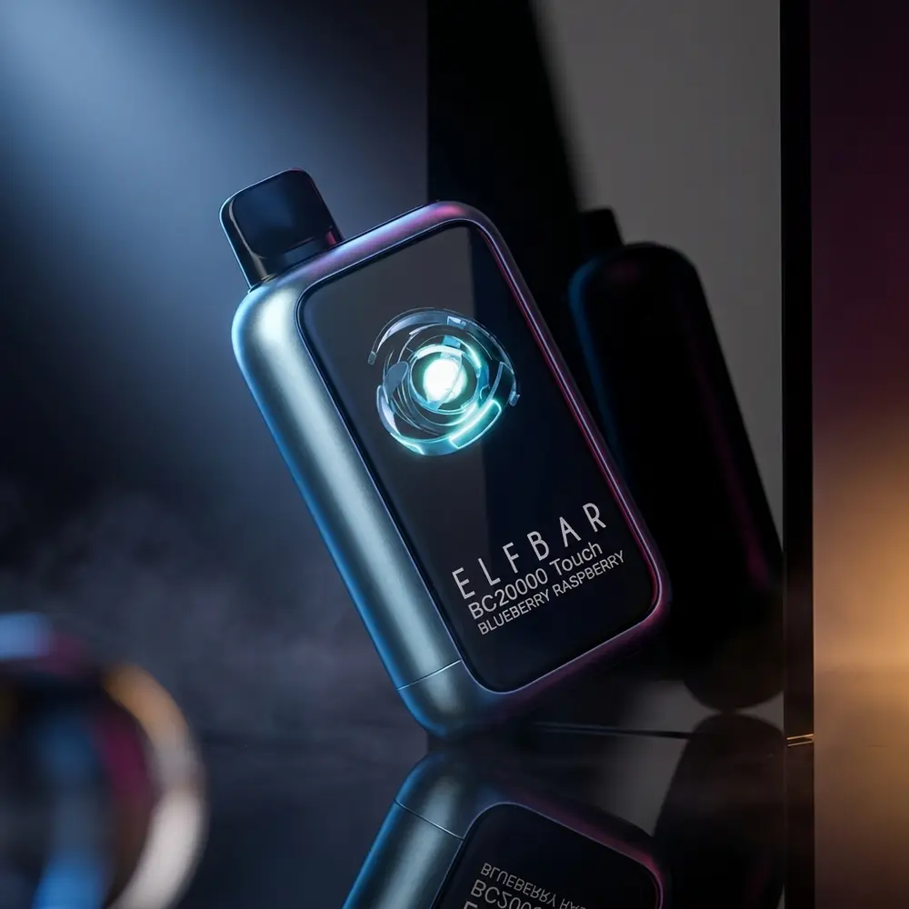 Pod descartável Elf Bar BC20000 Blueberry Raspberry sobre acrílico preto com luzes azuis e rosa e reflexos de estúdio - Vapor Gringo