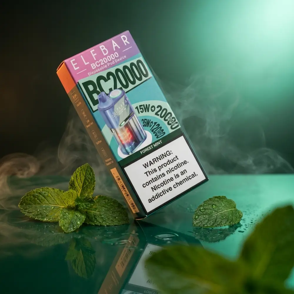 Pod descartavel Elf Bar BC20000 Forest Mint suspenso sobre base acrilica com folhas de menta e condensacao - Vapor Gringo