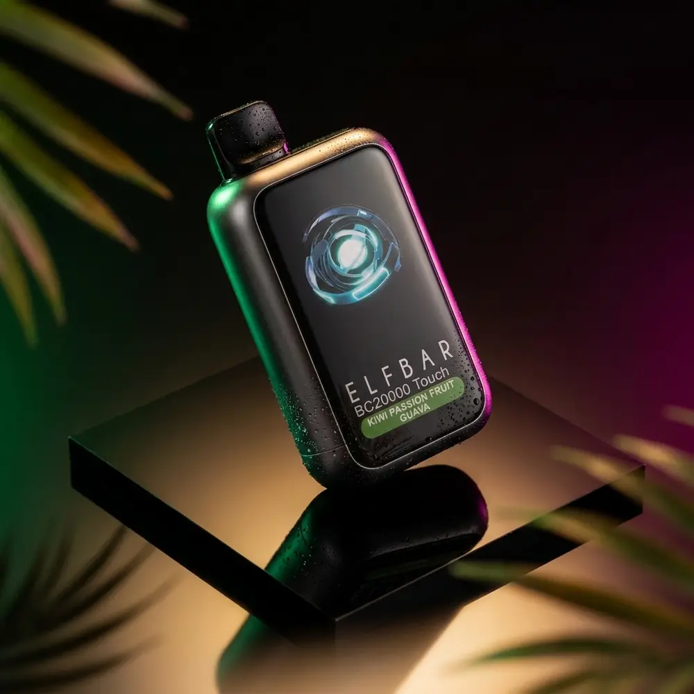 Pod descartavel Elf Bar BC20000 Touch em close sobre acrilico com gotas tropicais e reflexos neon vibrantes - Vapor Gringo