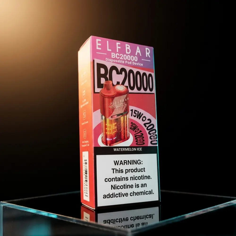 Pod descartavel Elf Bar BC20000 Watermelon Ice apoiado em base acrilica preta com luzes vermelhas e verdes - Vapor Gringo