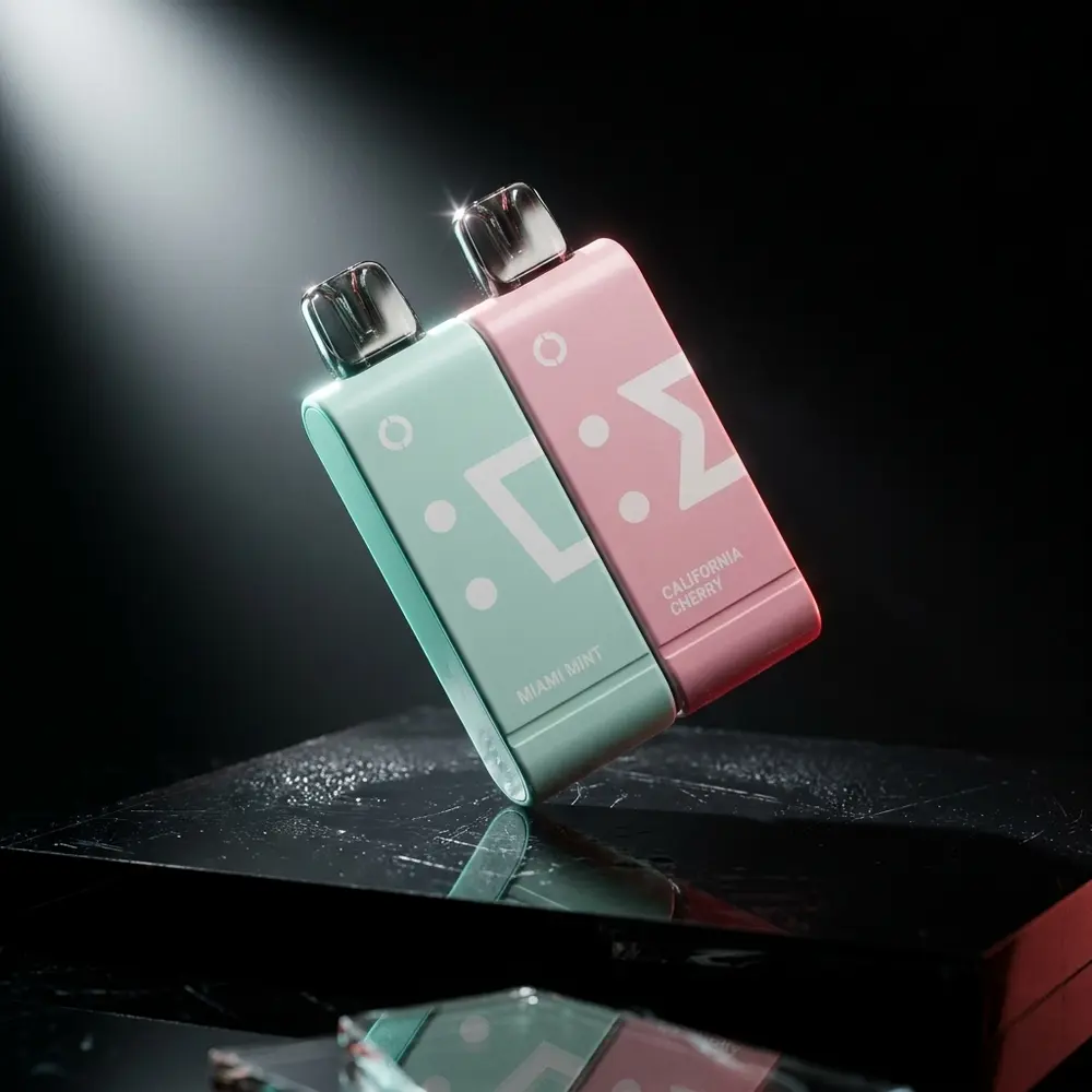 Pod Descartável Elf Bar EW9000 sobre acrílico preto reflexivo, iluminação mint e cereja, close dramático - Vapor Gringo