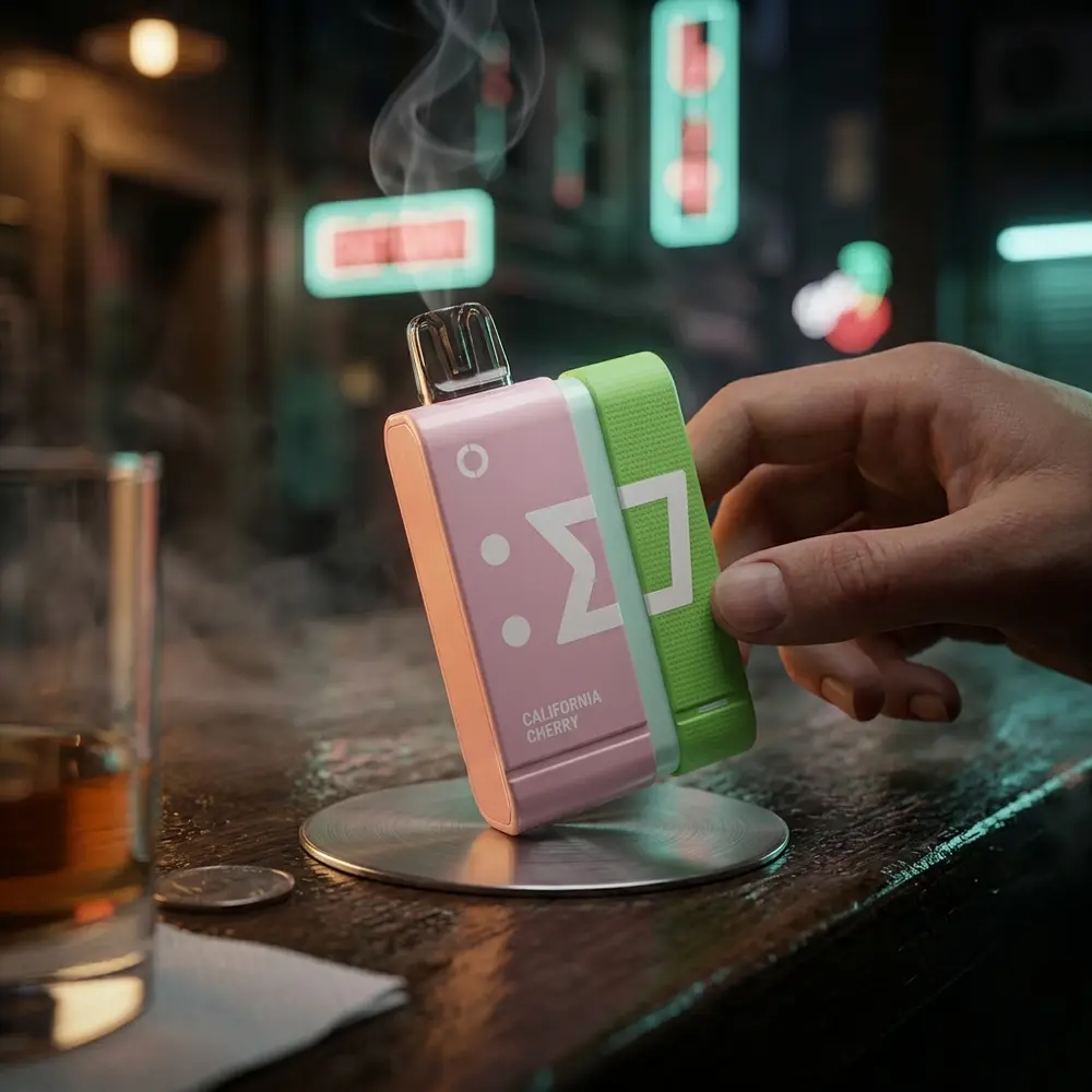 Pod Descartável Elf Bar EW9000 apoiado no balcão molhado de um lounge noturno com neon mint e cereja - Vapor Gringo