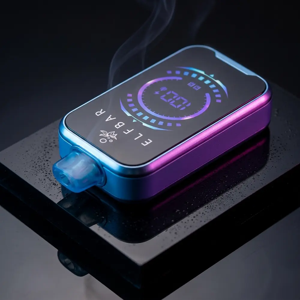 Pod descartavel Elf Bar FS18000 Blueberry Raspberry apoiado sobre acrilico preto com reflexos azuis e magenta - Vapor Gringo