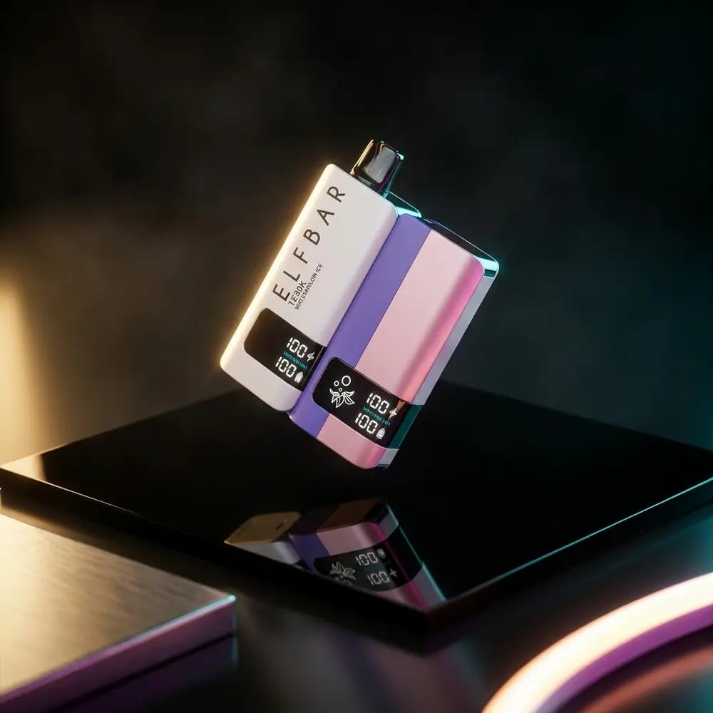 Pod descartavel Elf Bar TE30K em close sobre base acrilica preta com iluminacao RGB e visor digital visivel - Vapor Gringo