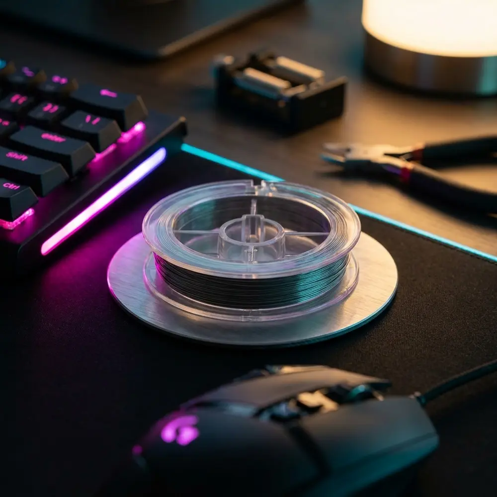 Fio Kanthal A1 0.6mm Vapebox apoiado em mesa gamer RGB com teclado mecânico e luzes coloridas - Vapor Gringo