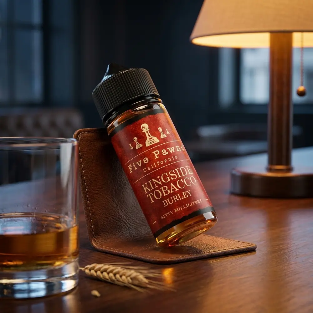 Frasco Five Pawns Kingside Tobacco Burley em lounge luxuoso ao lado de copo de whisky e couro - Vapor Gringo