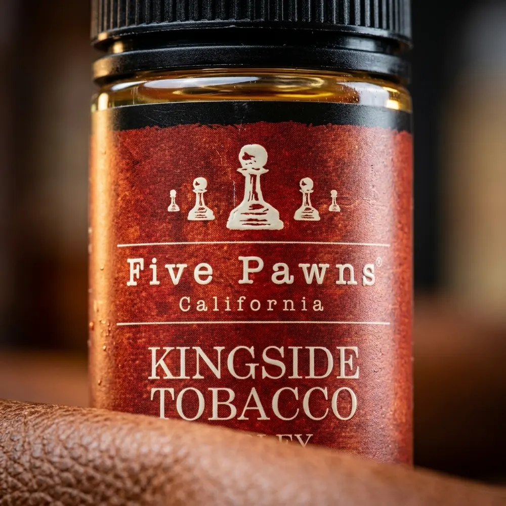 Close-up do rótulo Five Pawns Kingside Tobacco Burley com gotas de condensação e textura do vidro - Vapor Gringo