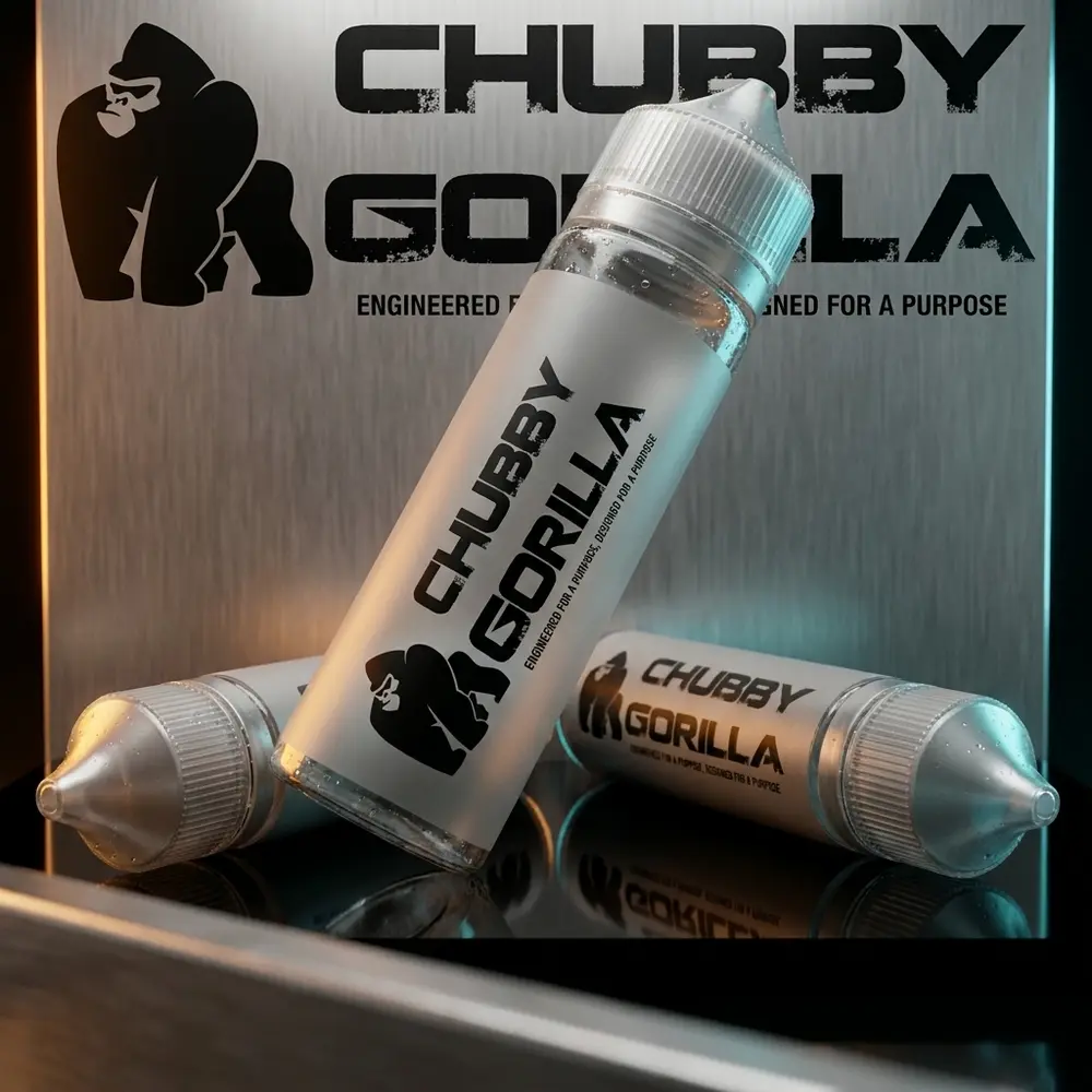 Frasco Gorilla Chubby ORIGINAL sobre acrílico preto com iluminação âmbar e ciano, close-up do rótulo e bico - Vapor Gringo