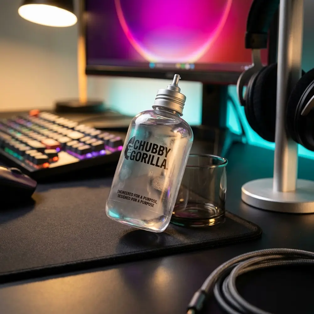 Frasco Gorilla Chubby ORIGINAL num setup gamer RGB sobre mousepad, teclado mecânico iluminado ao fundo - Vapor Gringo