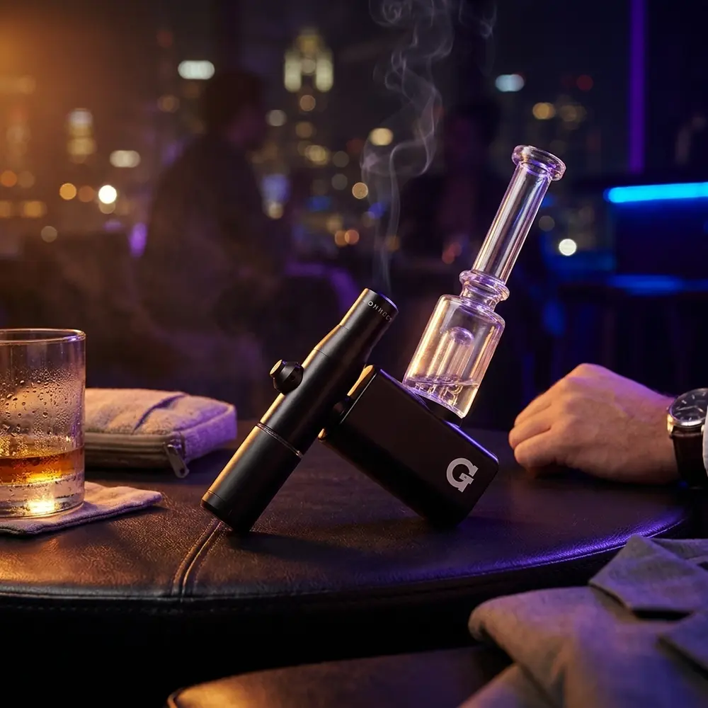 G Pen Connect apoiado em mesa de lounge com copo de whisky, bolsa de cânhamo e luzes noturnas desfocadas ao fundo - Vapor Gringo