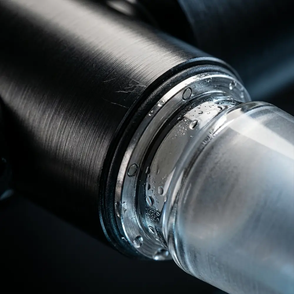 Close-up do conector magnético e acabamento metálico do G Pen Connect com gotas de condensação e reflexos - Vapor Gringo