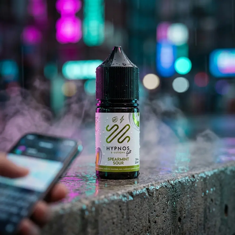 Frasco Hypnos Salt Spearmint Sour apoiado em beiral molhado em cena urbana neon, luzes e reflexos noturnos - Vapor Gringo