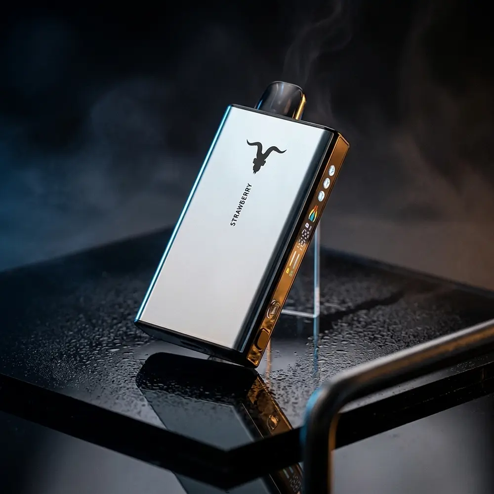 Pod descartavel Ignite V400 Ice em close sobre base acrilica preta, luzes dramaticas e reflexos urbanos - Vapor Gringo