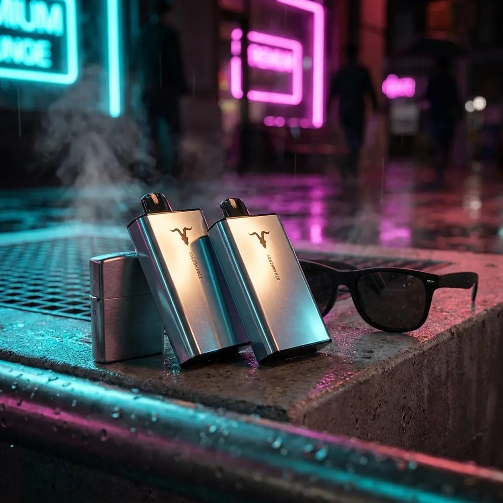 Ignite V400 Ice apoiado em parapeito urbano molhado com neon e reflexos de cidade noturna ao fundo - Vapor Gringo