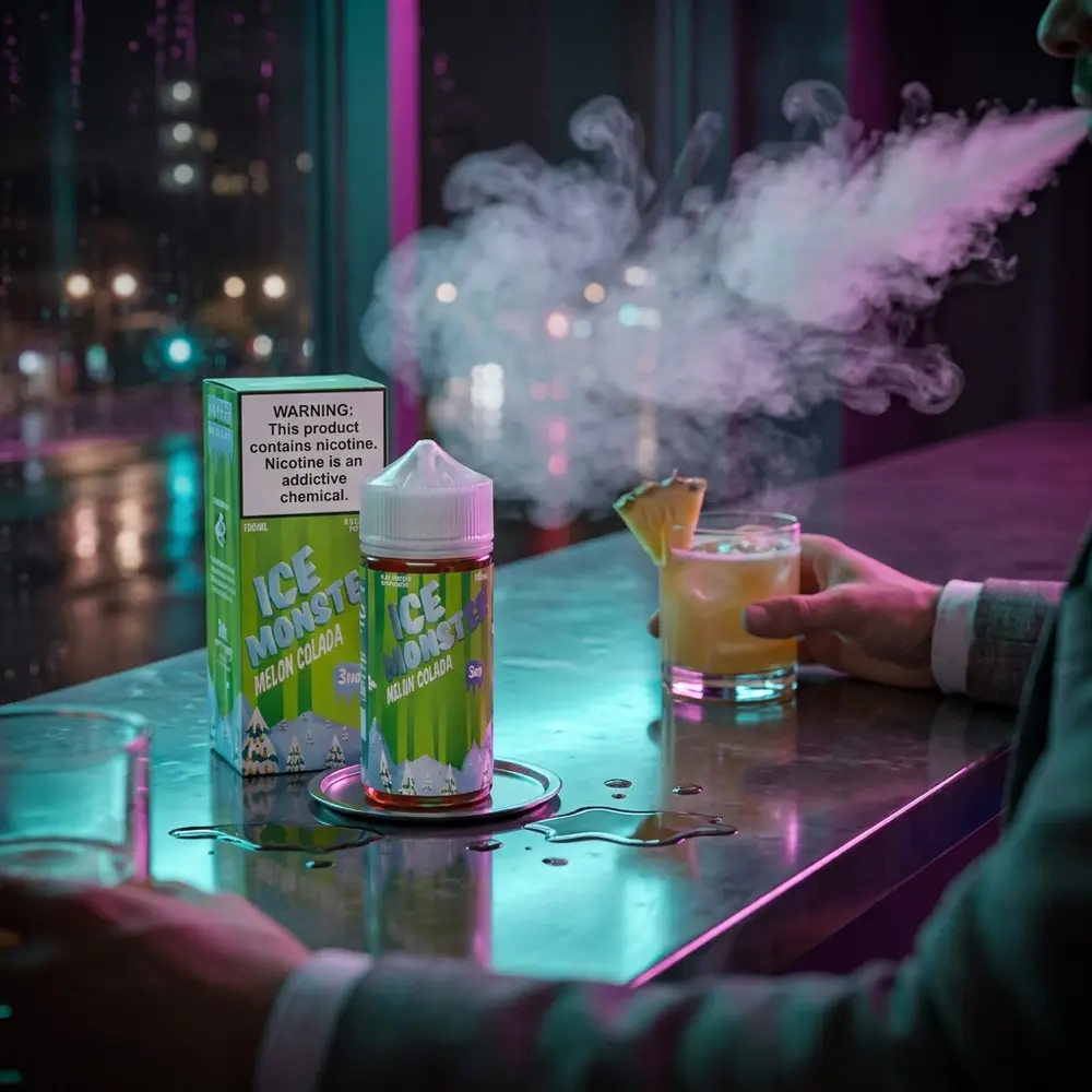 Garrafa Jam Monster Melon Colada sobre balcão de bar neon, reflexos RGB, copo de coquetel e vapor ao redor - Vapor Gringo