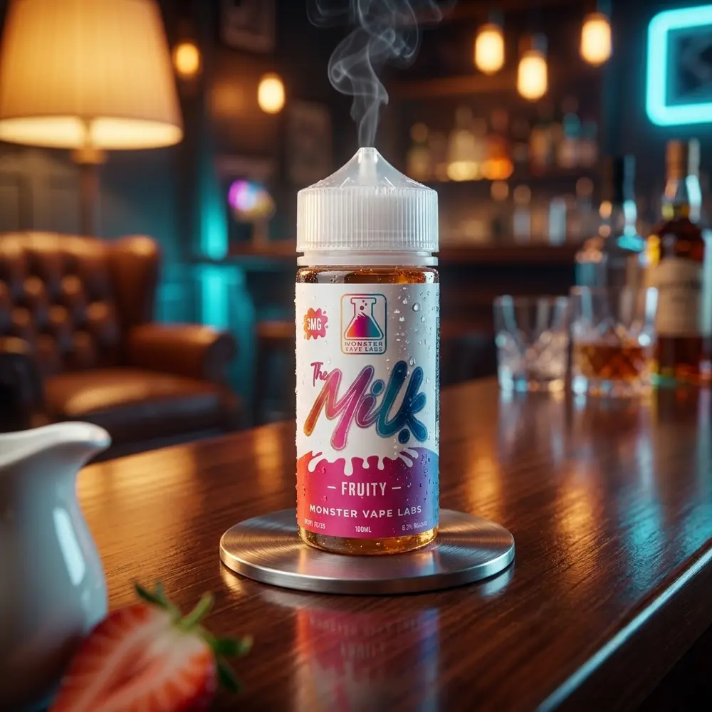 Frasco Jam Monster The Milk Fruity 100ml sobre coaster metálico em lounge elegante com luzes bokeh - Vapor Gringo