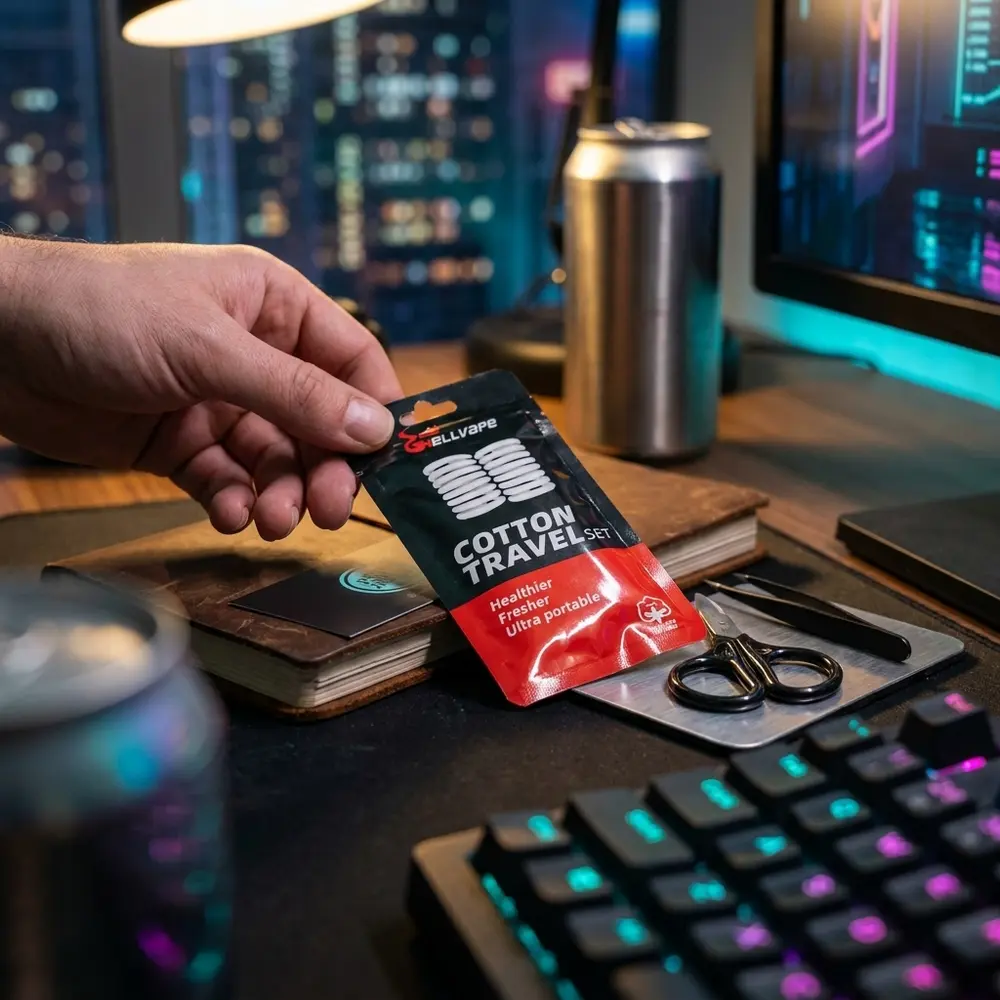 Kit Algodão Cotton Travel Set Hellvape em mesa de gamer com teclado RGB e janela noturna ao fundo - Vapor Gringo