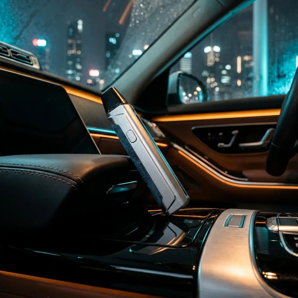 Kit Pod Aegis 1Fc apoiado no console de couro de um carro de luxo com LEDs urbanos ao fundo - Vapor Gringo