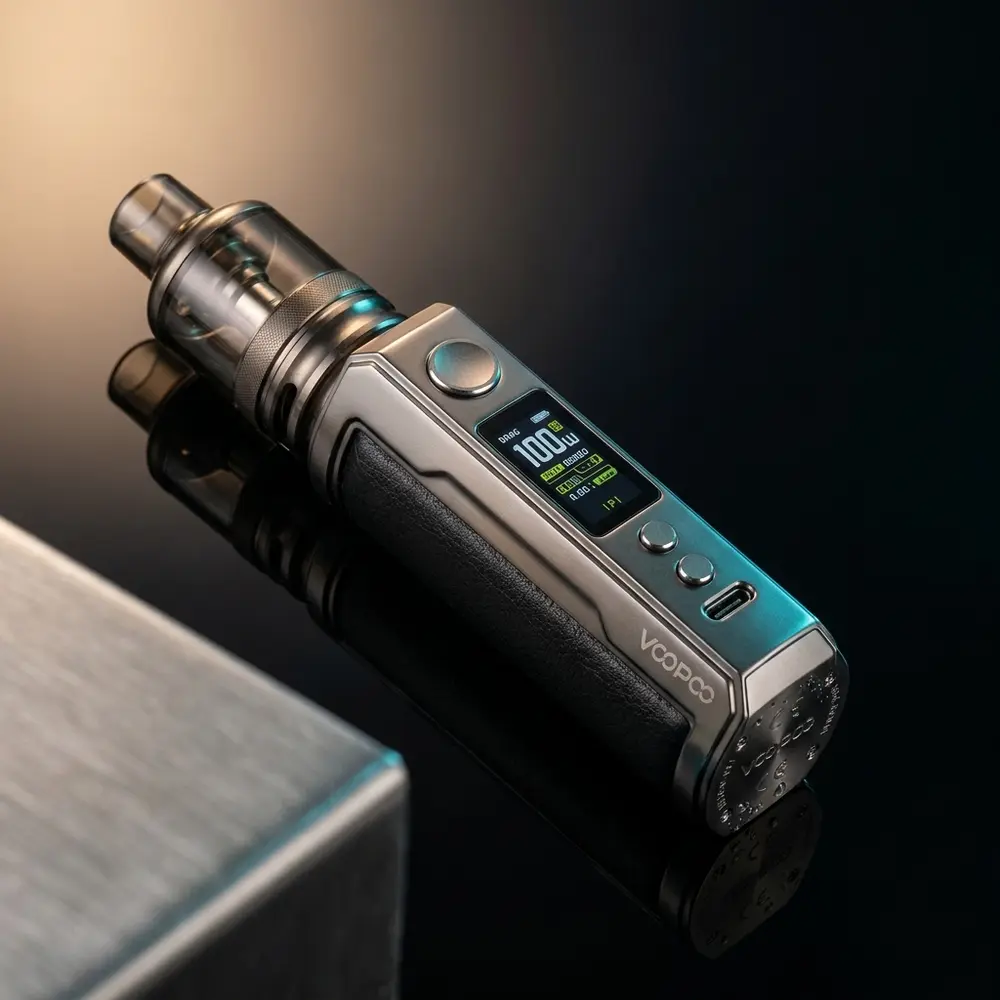 Kit Pod Drag X Plus 100w Voopoo inclinado sobre acrílico preto com iluminação azul e âmbar e reflexos - Vapor Gringo