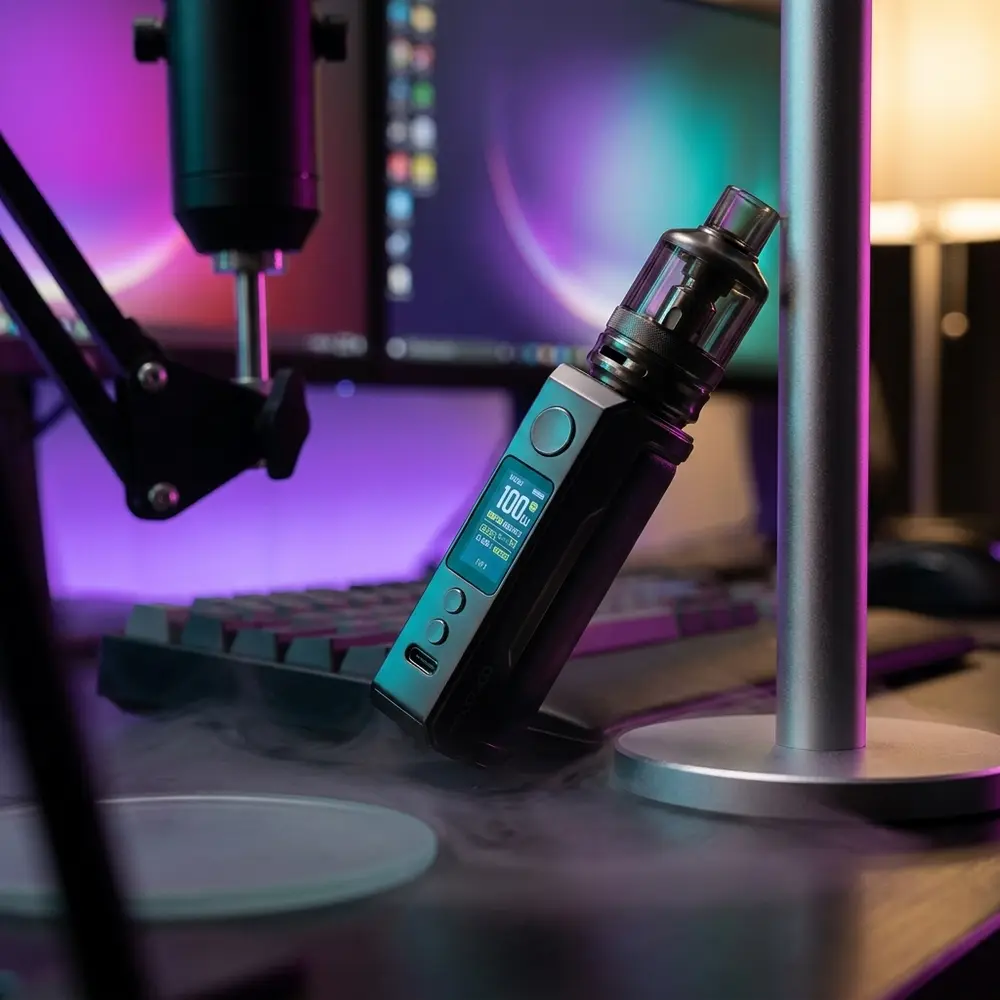 Kit Pod Drag X Plus 100w Voopoo apoiado em bancada gamer RGB ao lado de teclado e fone - Vapor Gringo
