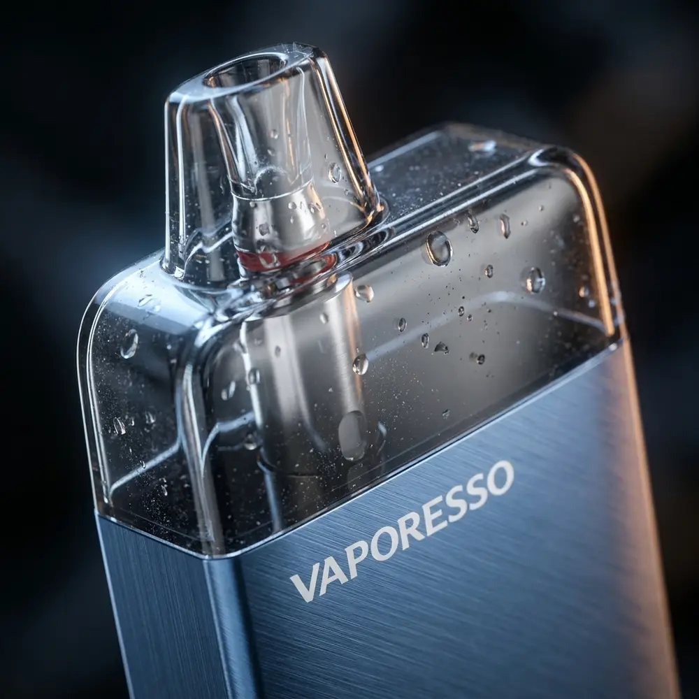 Detalhe macro do Kit Pod Eco Nano Plus mostrando o logotipo, acabamento metálico e reflexos com profundidade rasa - Vapor Gringo
