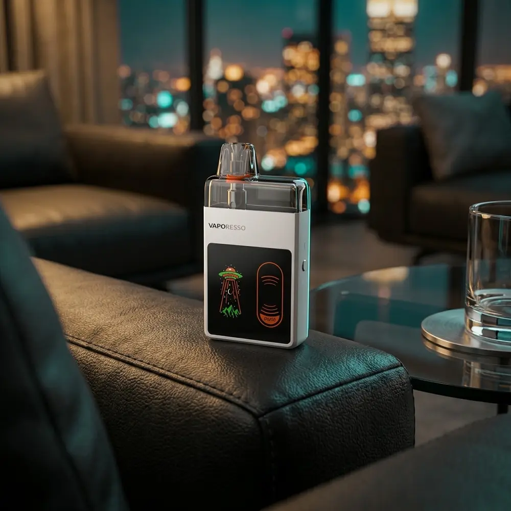 Kit Pod Eco Nano Pro apoiado em encosto de couro em lounge urbano com luzes âmbar e azul ao fundo - Vapor Gringo