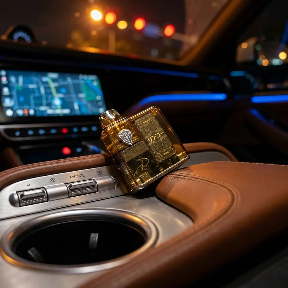 Kit Pod Jellybox Nano Rincoe apoiado no console de carro premium, com luzes da cidade desfocadas ao fundo - Vapor Gringo