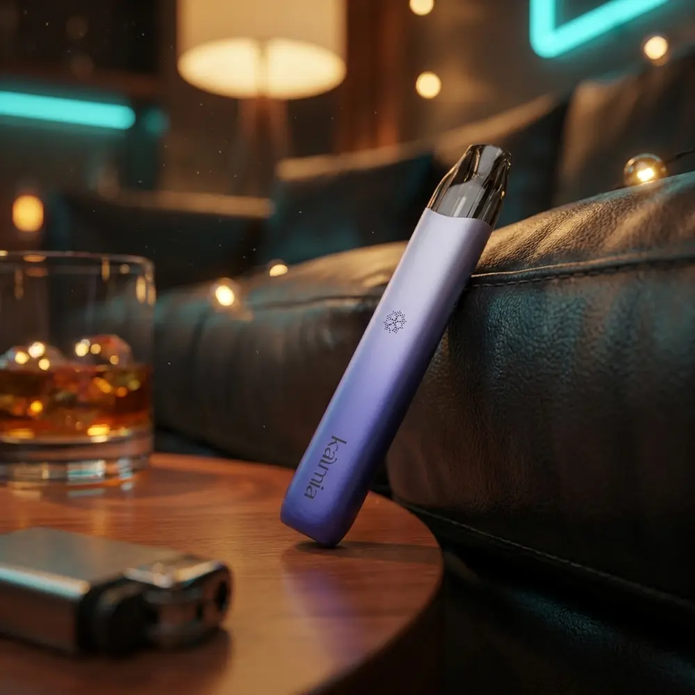 Kit Pod Kalmia Uwell sobre apoio de couro em lounge luxuoso com copo de drink e luzes aconchegantes - Vapor Gringo