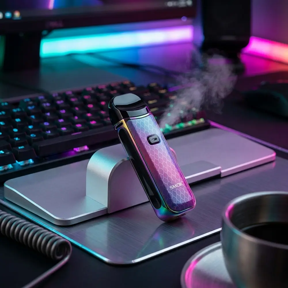 Kit Pod Nord 2 Smok apoiado em mesa gamer RGB, com teclado e luzes neon ao fundo - Vapor Gringo